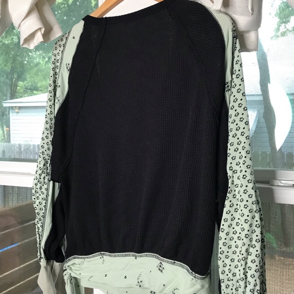 Free People Auxton Black Thermal Tie Waist Wrap V Neck Panel Sleeve Blouse - Picture 10 of 13